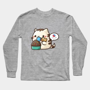 Cute Cat Eating Cupcake Long Sleeve T-Shirt